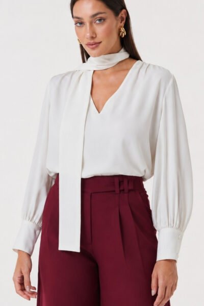 Blusa Esplendore: com lenço alongado e manga Longa e botões na manga