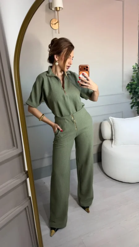 Conjunto Roseli: com calça e blusa em malha tweed de algodão - Verde Militar